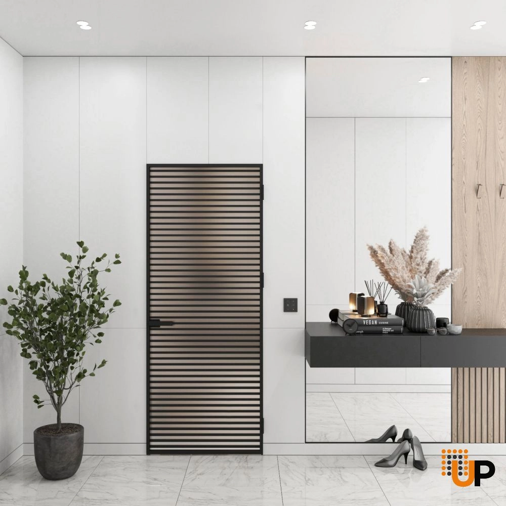 Aluminum Interior Hidden Door | Lumo 1901 Black Frosted Glass with Frame 24" x 80" Right-hand Inswing photo#2