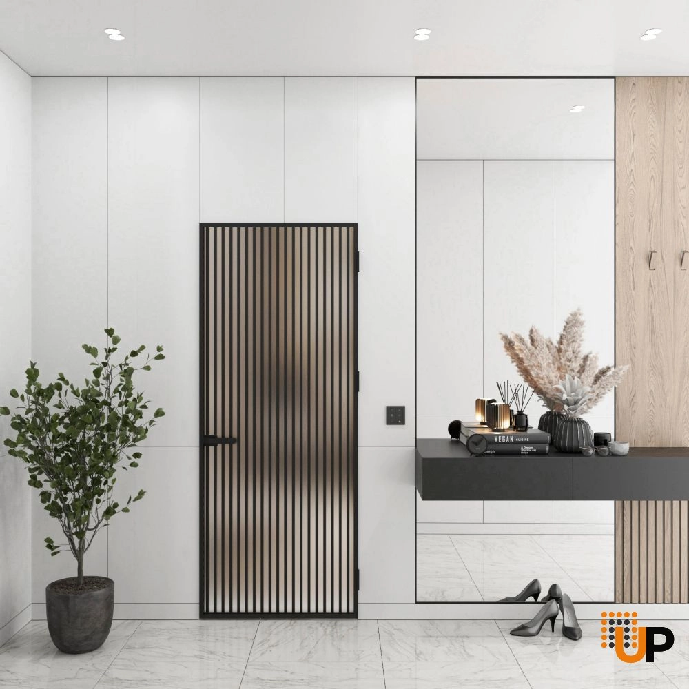Aluminum Interior Hidden Door | Lumo 1902 Black Frosted Glass with Frame 36" x 80" Right-hand Inswing photo#2