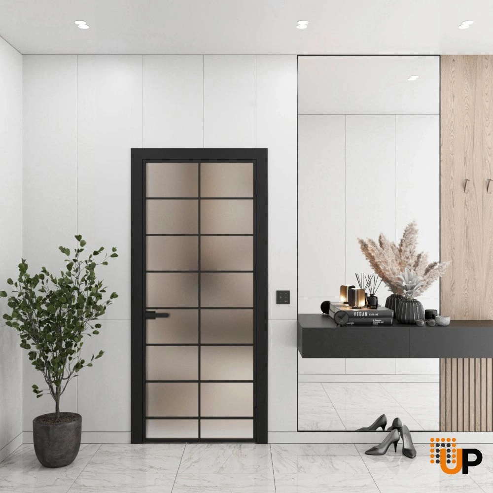 Aluminum Interior Door | Lumo 1903 Black Frosted Glass with Frame, Trims, Extensions 24" x 80" Right-hand Inswing photo#2