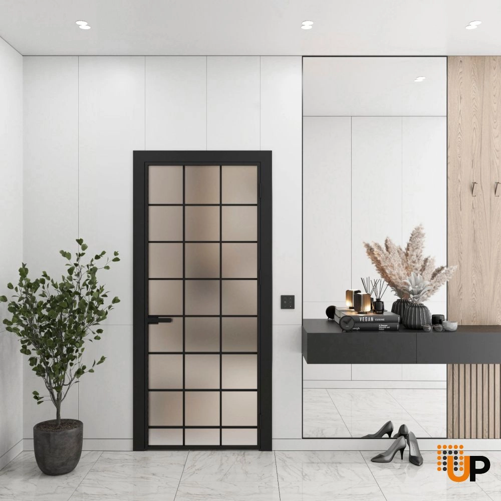 Aluminum Interior Door | Lumo 1904 Black Frosted Glass with Frame, Trims, Extensions 32" x 96" Right-hand Inswing photo#2