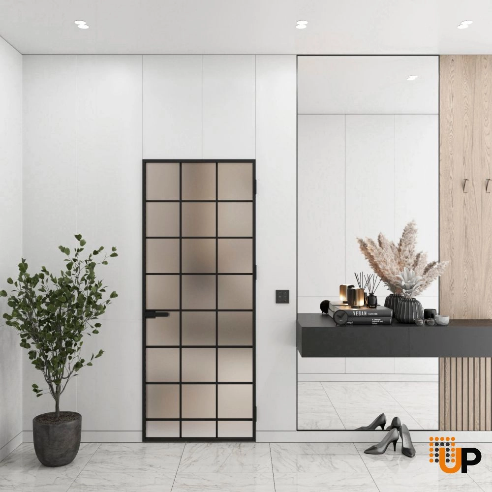 Aluminum Interior Hidden Door | Lumo 1904 Black Frosted Glass with Frame 24" x 80" Right-hand Inswing photo#2
