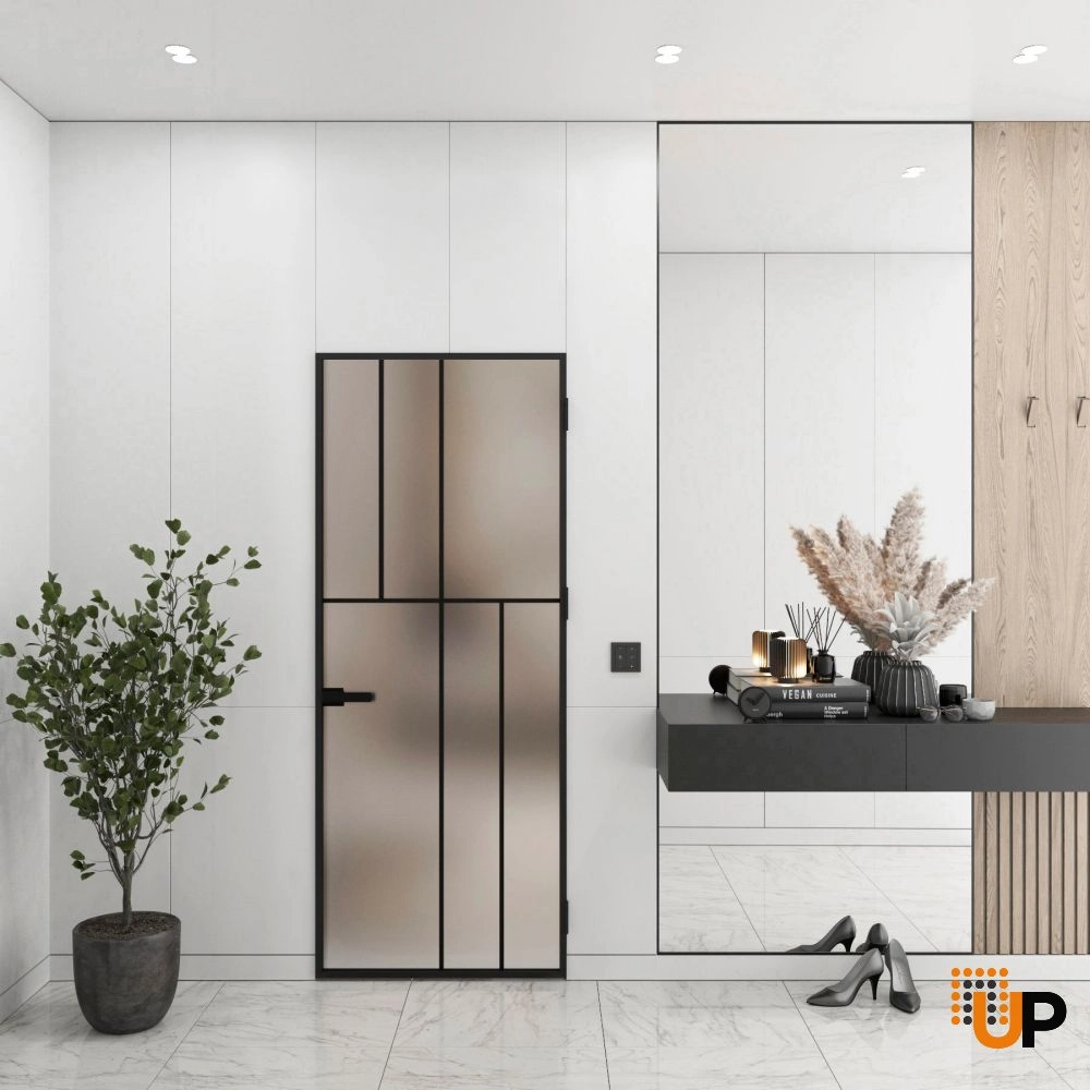 Aluminum Interior Hidden Door | Lumo 1906 Black Frosted Glass with Frame 42" x 84" Right-hand Inswing photo#2