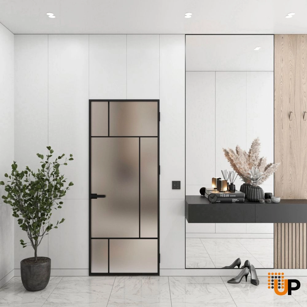 Aluminum Interior Hidden Door | Lumo 1907 Black Frosted Glass with Frame 32" x 80" Right-hand Inswing photo#2