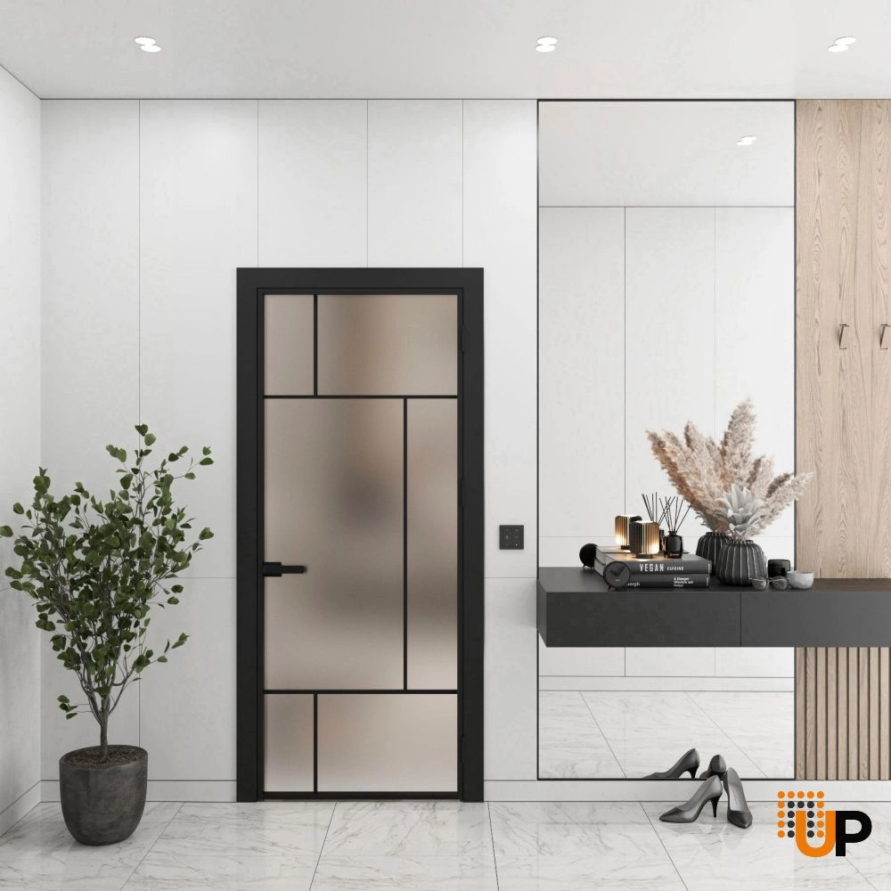 Aluminum Interior Door | Lumo 1907 Black Frosted Glass with Frame, Trims, Extensions 28" x 80" Right-hand Inswing photo#2