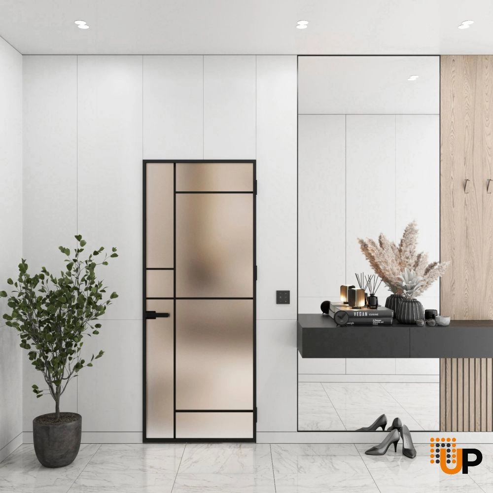 Aluminum Interior Hidden Door | Lumo 1909 Black Frosted Glass with Frame 42" x 96" Right-hand Inswing photo#2