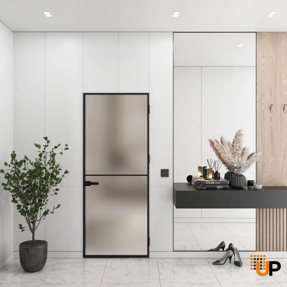 Aluminum Interior Hidden Door | Lumo 1911 Black Frosted Glass with Frame 32" x 96" Right-hand Inswing photo#2