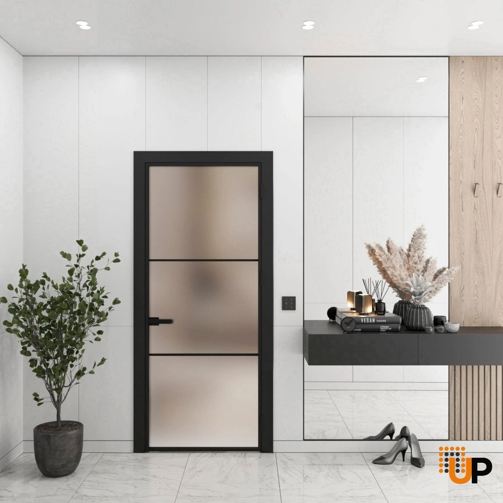 Aluminum Interior Door | Lumo 1912 Black Frosted Glass with Frame, Trims, Extensions 24" x 80" Right-hand Inswing photo#2