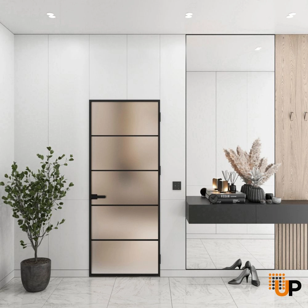 Aluminum Interior Hidden Door | Lumo 1914 Black Frosted Glass with Frame 36" x 96" Right-hand Inswing photo#2