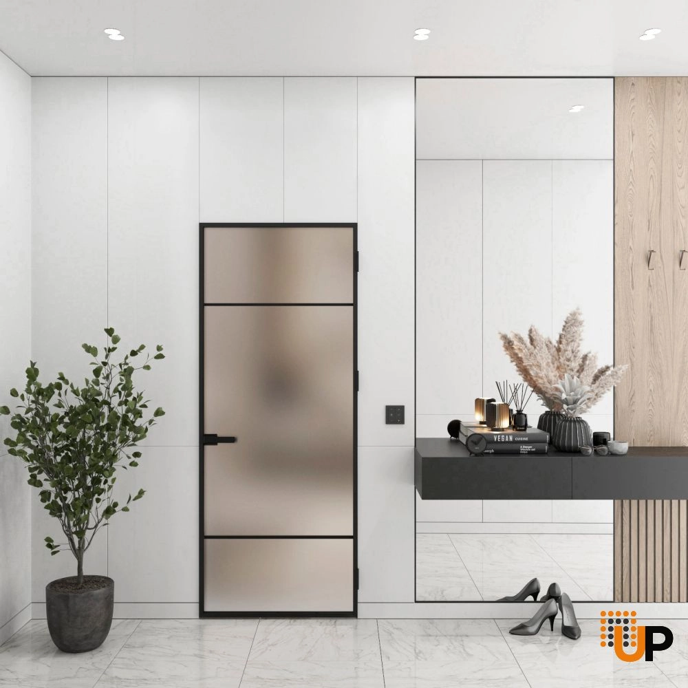 Aluminum Interior Hidden Door | Lumo 1915 Black Frosted Glass with Frame 42" x 84" Right-hand Inswing photo#2