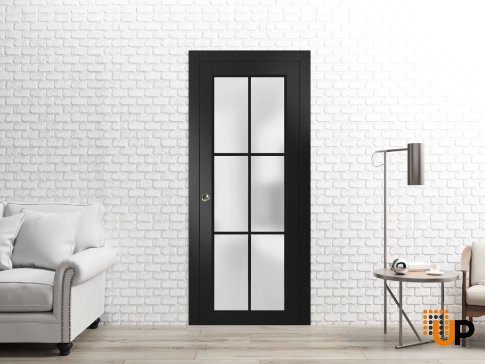 Single solid core sliding luxury interior pocket door with frosted glass | Planum 2122 Black Matte | 18 x 80 photo#2