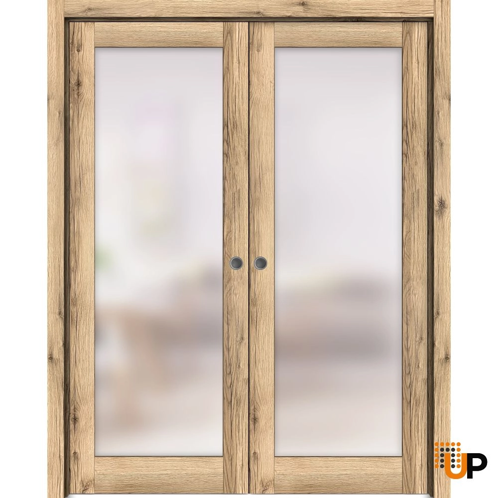 Double mdf sliding french interior pocket double door with frosted glass | Planum 2102 Oak | 36 x 80 (2* 18x80) photo#1