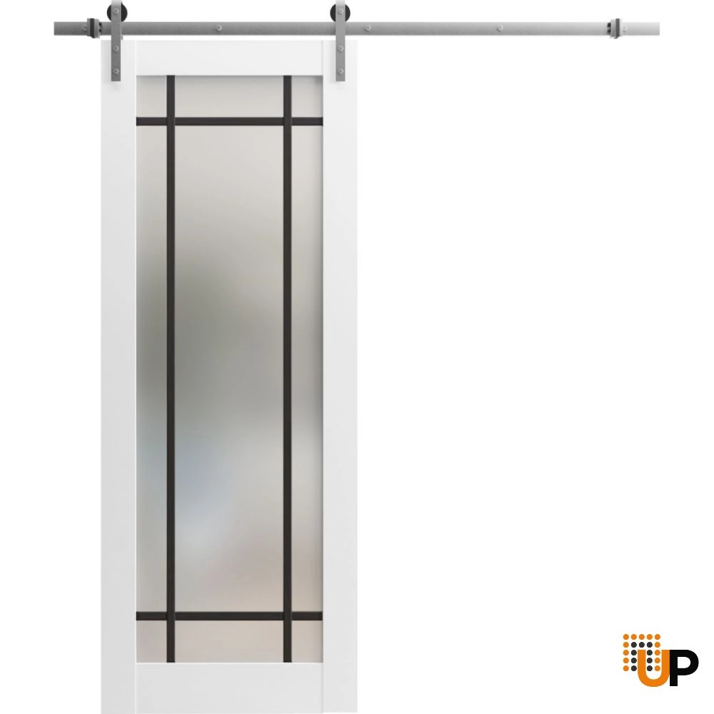 Single solid core sliding luxury interior barn door with frosted glass | Planum 2112 White | 18 x 80 photo#1