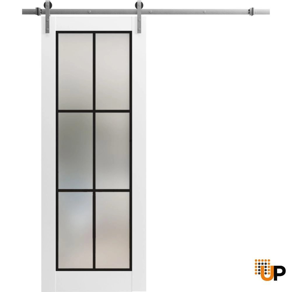 Single solid core sliding luxury interior barn door with frosted glass | Planum 2122 White | 18 x 80 photo#1