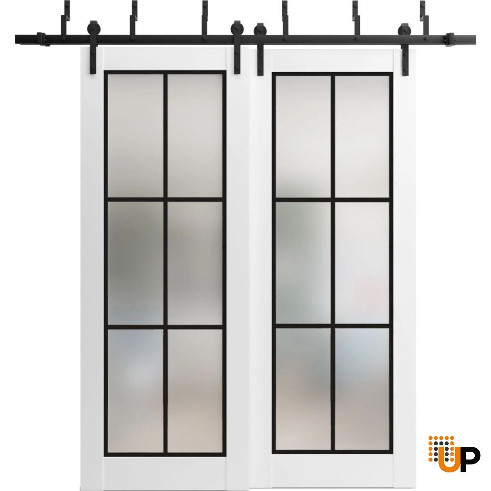 Double solid core sliding luxury interior barn bypass door with frosted glass | Planum 2122 White | 36 x 80 (2* 18x80) photo#1