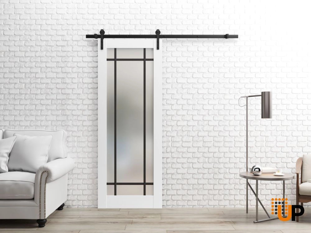Single solid core sliding luxury interior barn door with frosted glass | Planum 2112 White | 18 x 80 photo#2