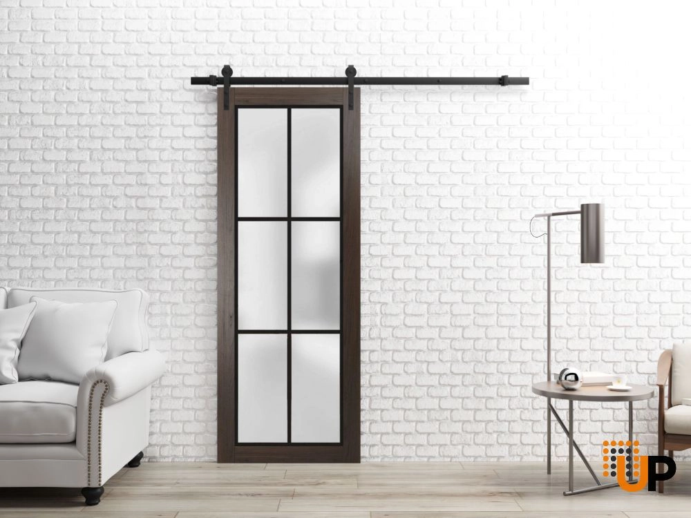 Single solid core sliding luxury interior barn door with frosted glass | Planum 2122 Chocolate Ash | 18 x 80 photo#2