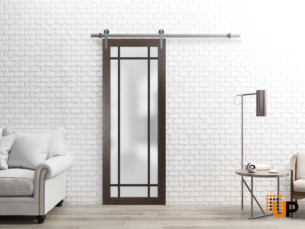 Single solid core sliding luxury interior barn door with frosted glass | Planum 2112 Chocolate Ash | 18 x 80 photo#2