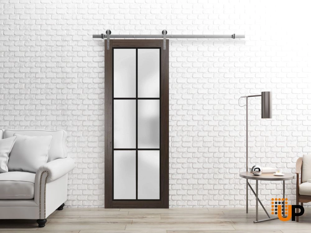Single solid core sliding luxury interior barn door with frosted glass | Planum 2122 Chocolate Ash | 18 x 80 photo#2