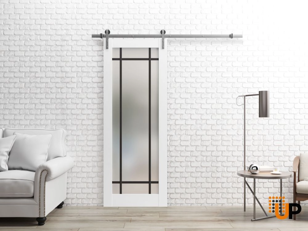Single solid core sliding luxury interior barn door with frosted glass | Planum 2112 White | 18 x 80 photo#2