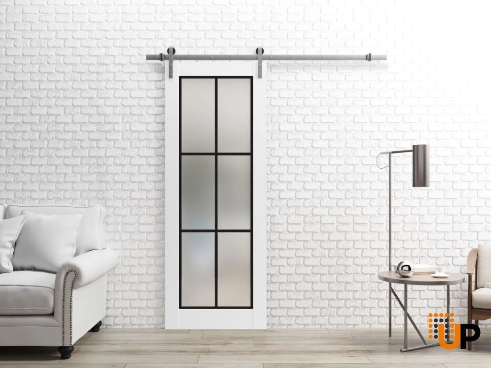 Single solid core sliding luxury interior barn door with frosted glass | Planum 2122 White | 18 x 80 photo#2