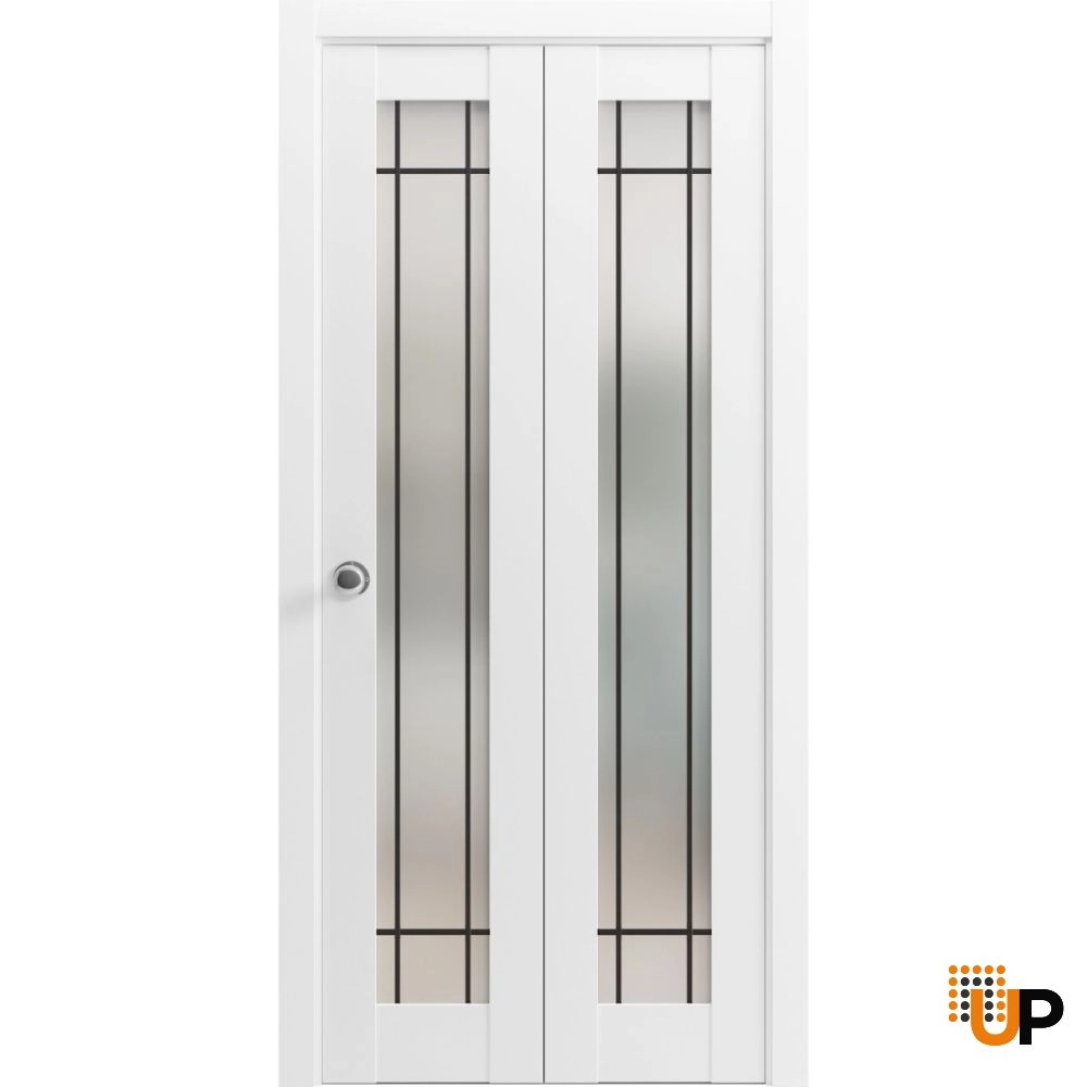 2 folding panels solid core sliding french interior bi-fold door with frosted glass | Planum 2112 White | 36 x 80 (2* 18x80) photo#1