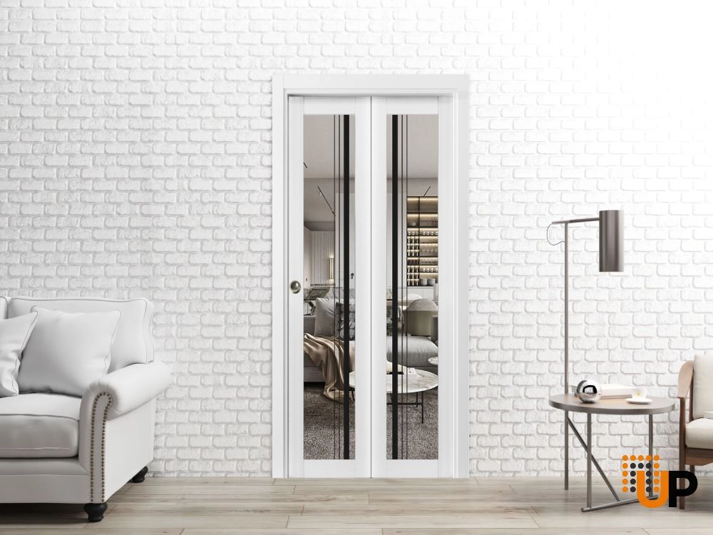 2 folding panels solid core sliding french interior bi-fold door with clear glass | Lucia 2566 White | 36 x 80 (2* 18x80) photo#2