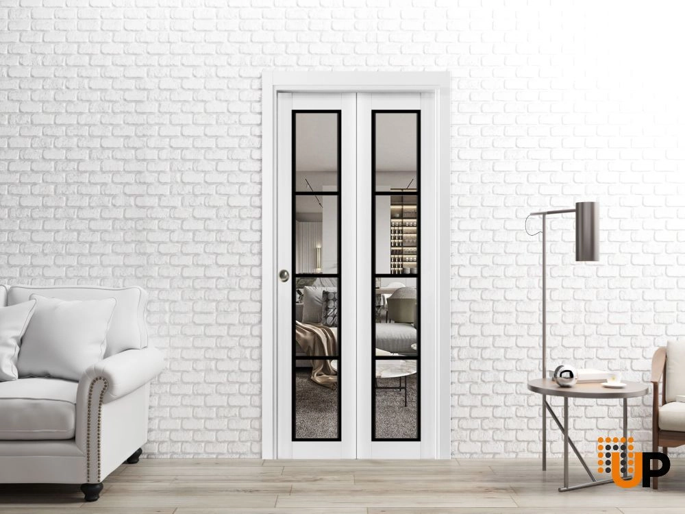 2 folding panels solid core sliding luxury interior bi-fold door with clear glass | Lucia 2466 White | 36 x 80 (2* 18x80) photo#2