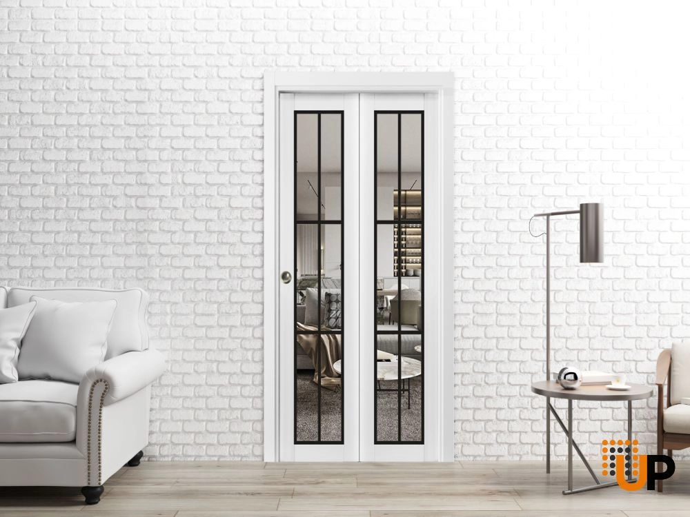 2 folding panels solid core sliding french interior bi-fold door with clear glass | Lucia 2366 White | 36 x 80 (2* 18x80) photo#2