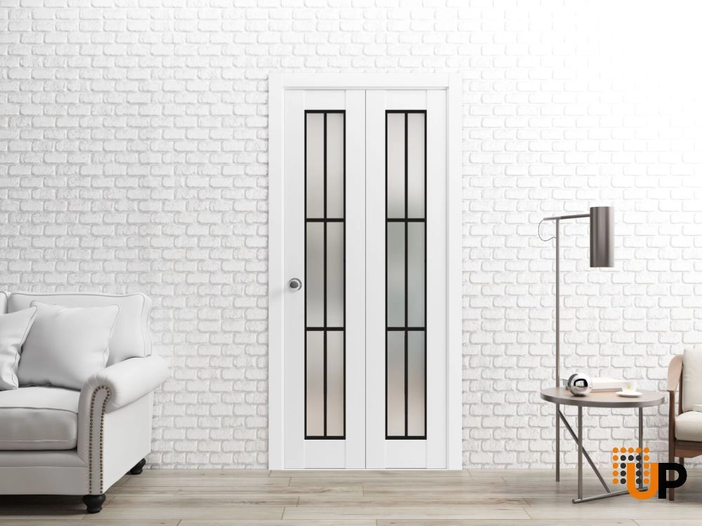 2 folding panels solid core sliding french interior bi-fold door with frosted glass | Planum 2122 White | 36 x 80 (2* 18x80) photo#2