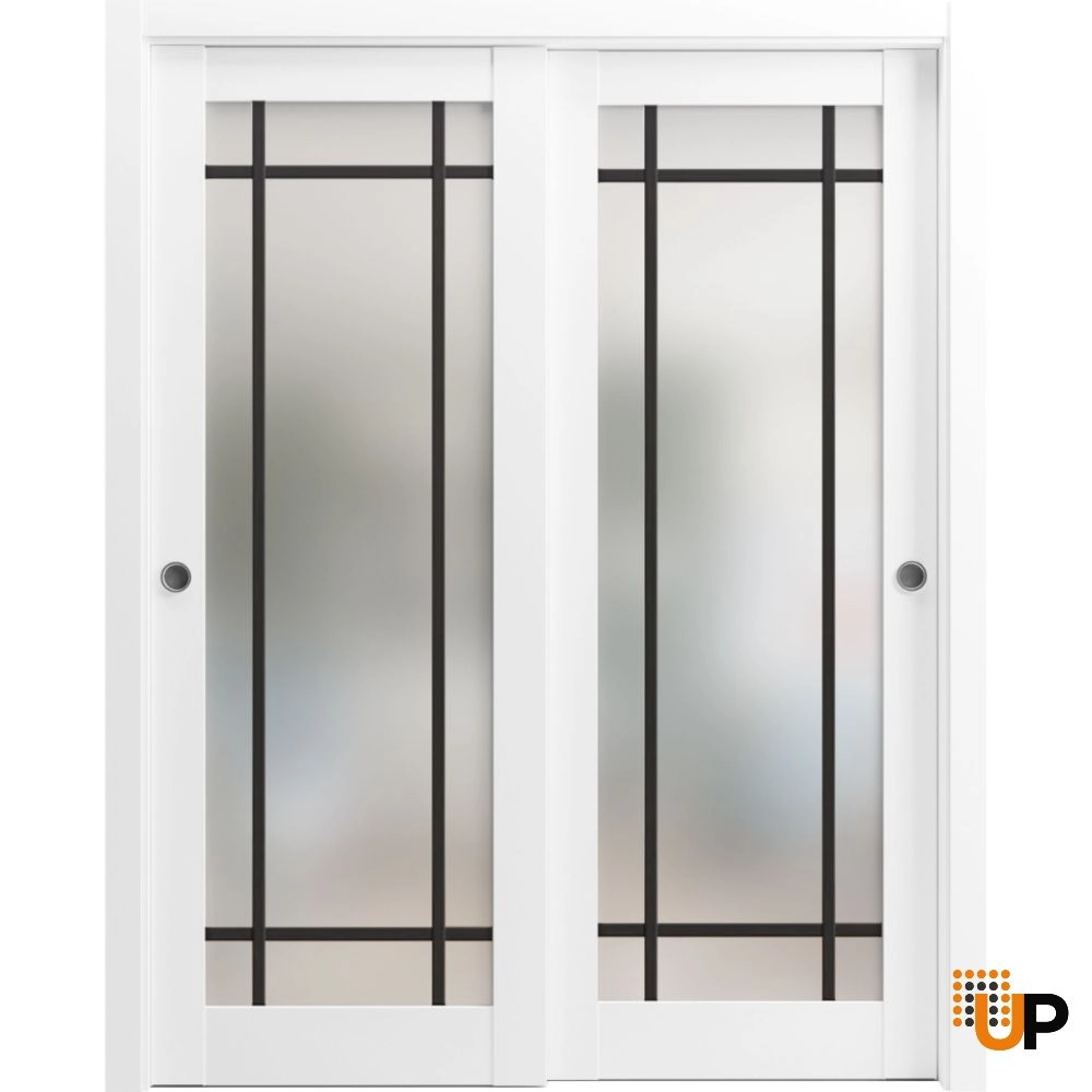 Double solid core sliding luxury interior closet bypass door with frosted glass | Planum 2112 White | 36 x 80 (2* 18x80) photo#1