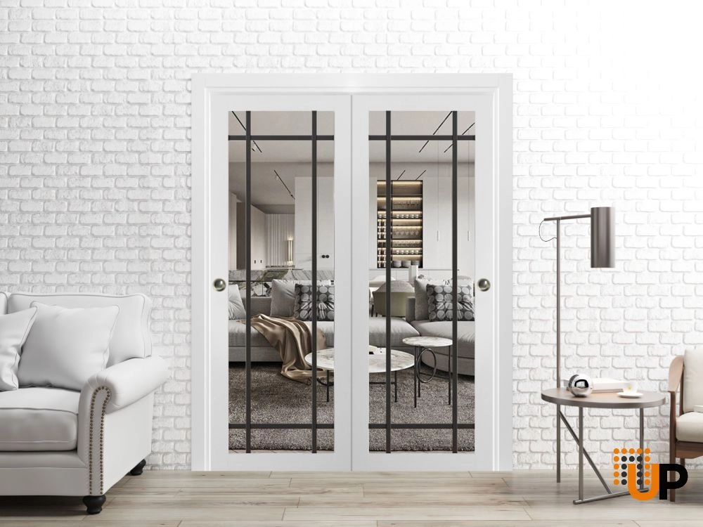 Double solid core sliding luxury interior closet bypass door with clear glass | Lucia 2266 White | 36 x 80 (2* 18x80) photo#2