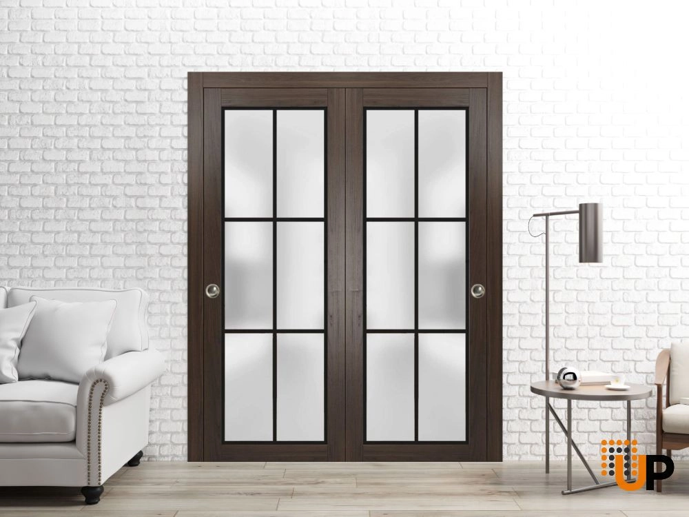 Double solid core sliding luxury interior closet bypass door with frosted glass | Planum 2122 Chocolate Ash | 36 x 80 (2* 18x80) photo#2
