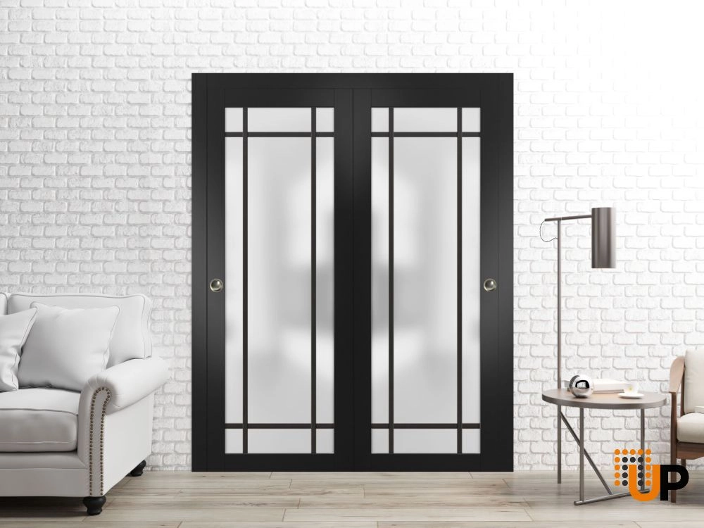 Double solid core sliding luxury interior closet bypass door with frosted glass | Planum 2112 Black Matte | 36 x 80 (2* 18x80) photo#2