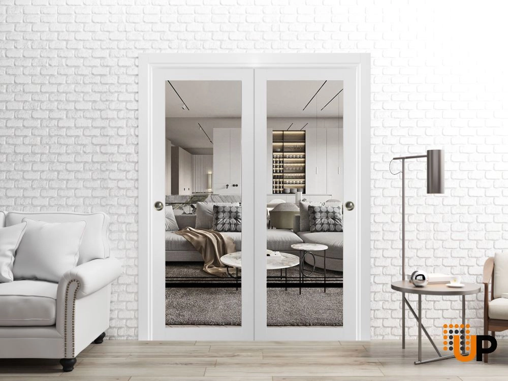Double solid core sliding luxury interior closet bypass door with clear glass | Lucia 2666 White | 36 x 80 (2* 18x80) photo#2