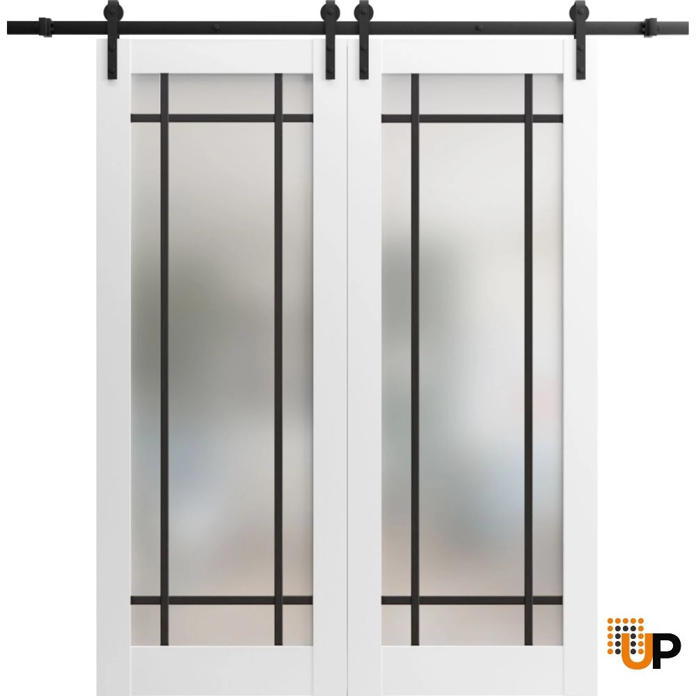 Double solid core sliding french interior barn double door with frosted glass | Planum 2112 White | 36 x 80 (2* 18x80) photo#1