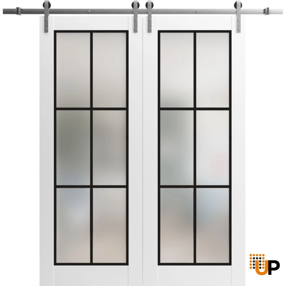 Double solid core sliding french interior barn double door with frosted glass | Planum 2122 White | 36 x 80 (2* 18x80) photo#1