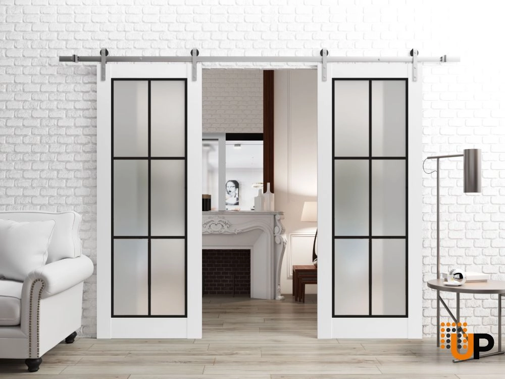 Double solid core sliding french interior barn double door with frosted glass | Planum 2122 White | 36 x 80 (2* 18x80) photo#2