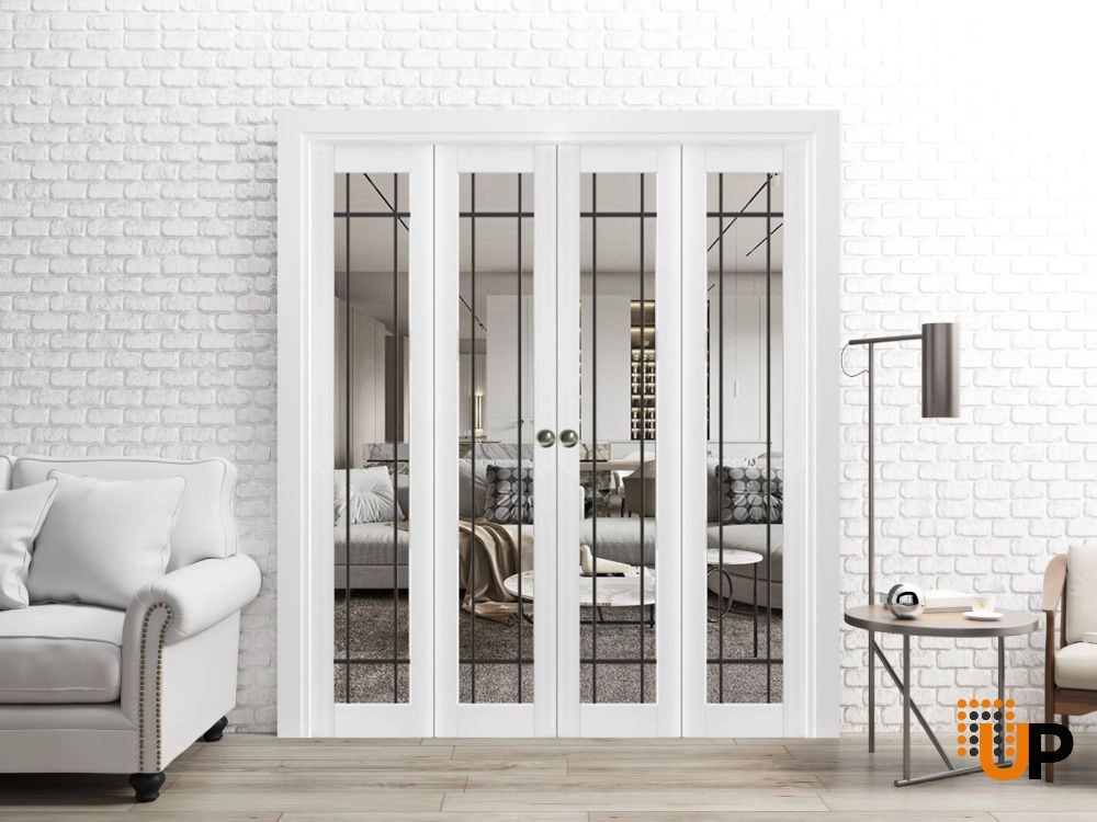 4 folding panels solid core sliding french interior bi-fold double door with clear glass | Lucia 2266 White | 72 x 80 (4* 18x80) photo#2
