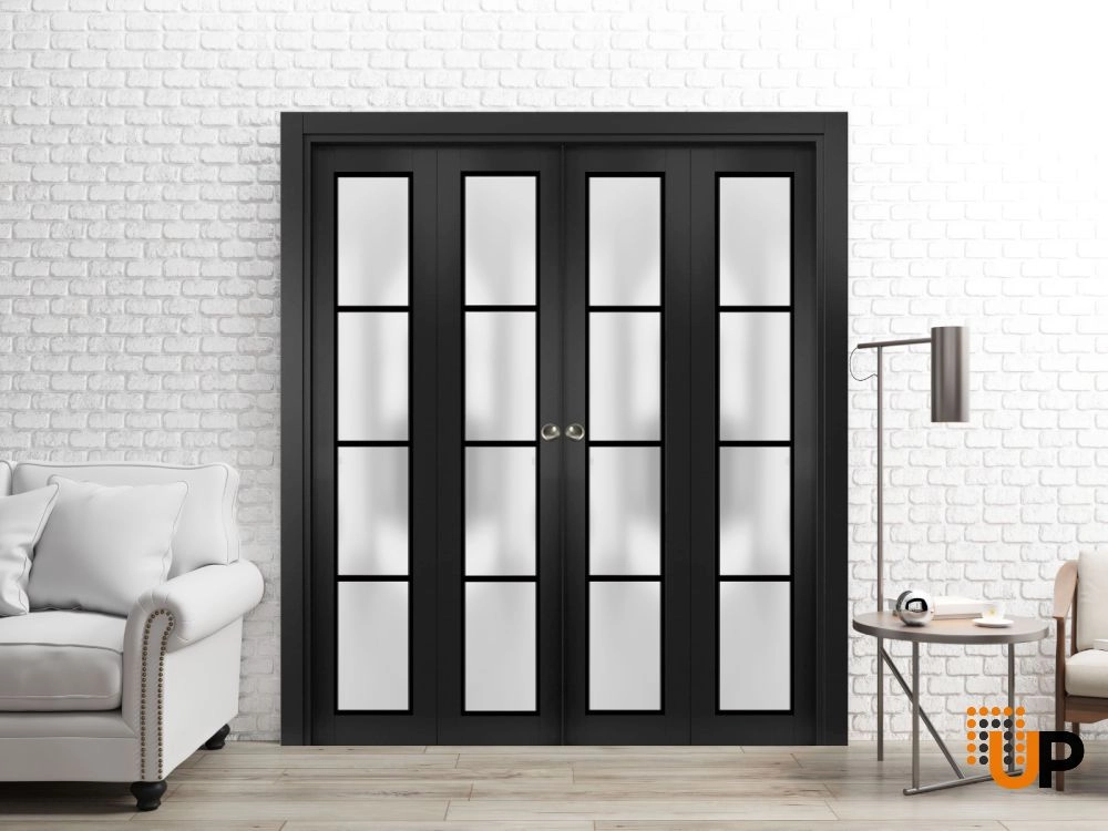 4 folding panels solid core sliding french interior bi-fold double door with frosted glass | Planum 2132 Black Matte | 72 x 80 (4* 18x80) photo#2