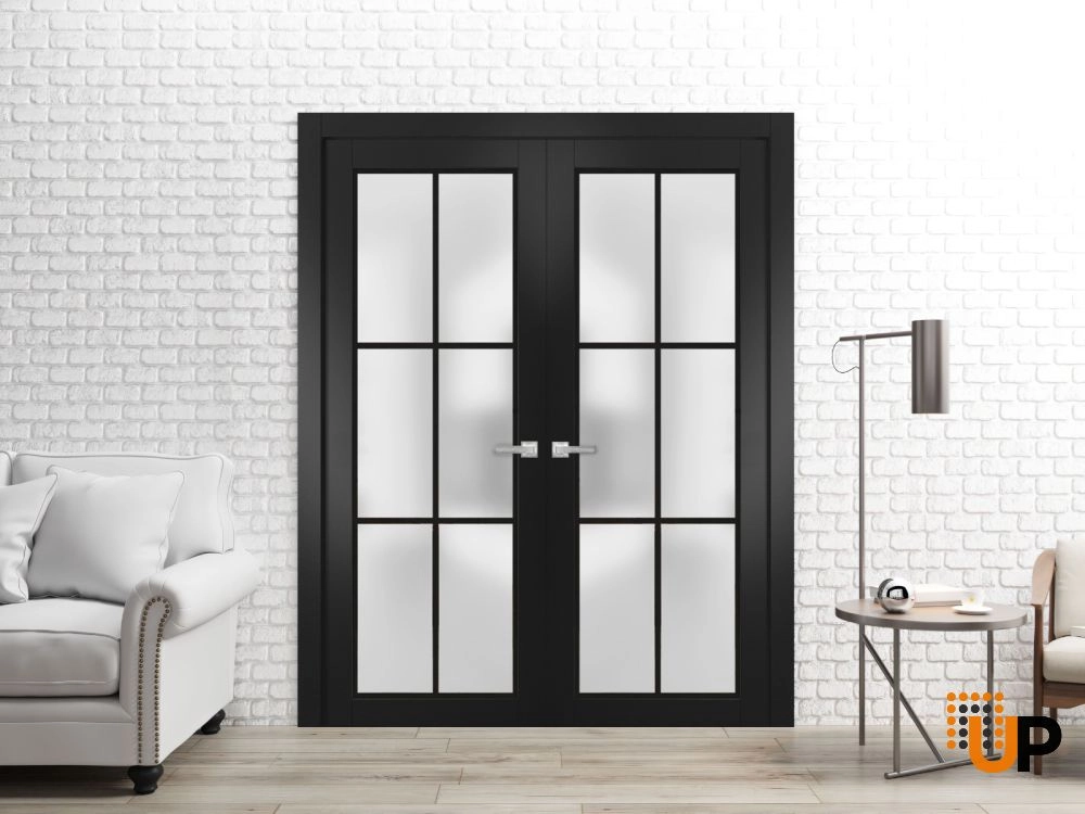Double solid core french interior swing double door with frosted glass | Planum 2122 Black Matte | 36 x 80 (2* 18x80) photo#2