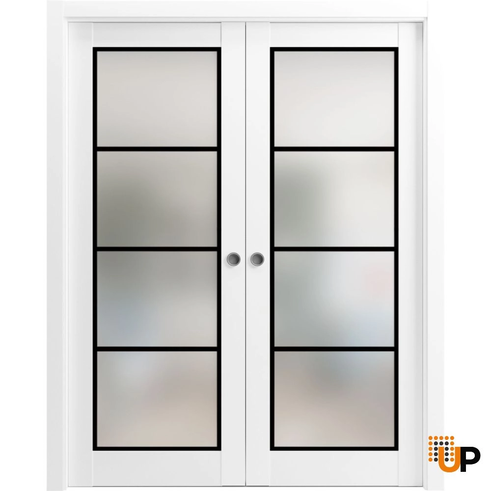 Double solid core sliding french interior pocket double door with frosted glass | Planum 2132 White | 36 x 80 (2* 18x80) photo#1