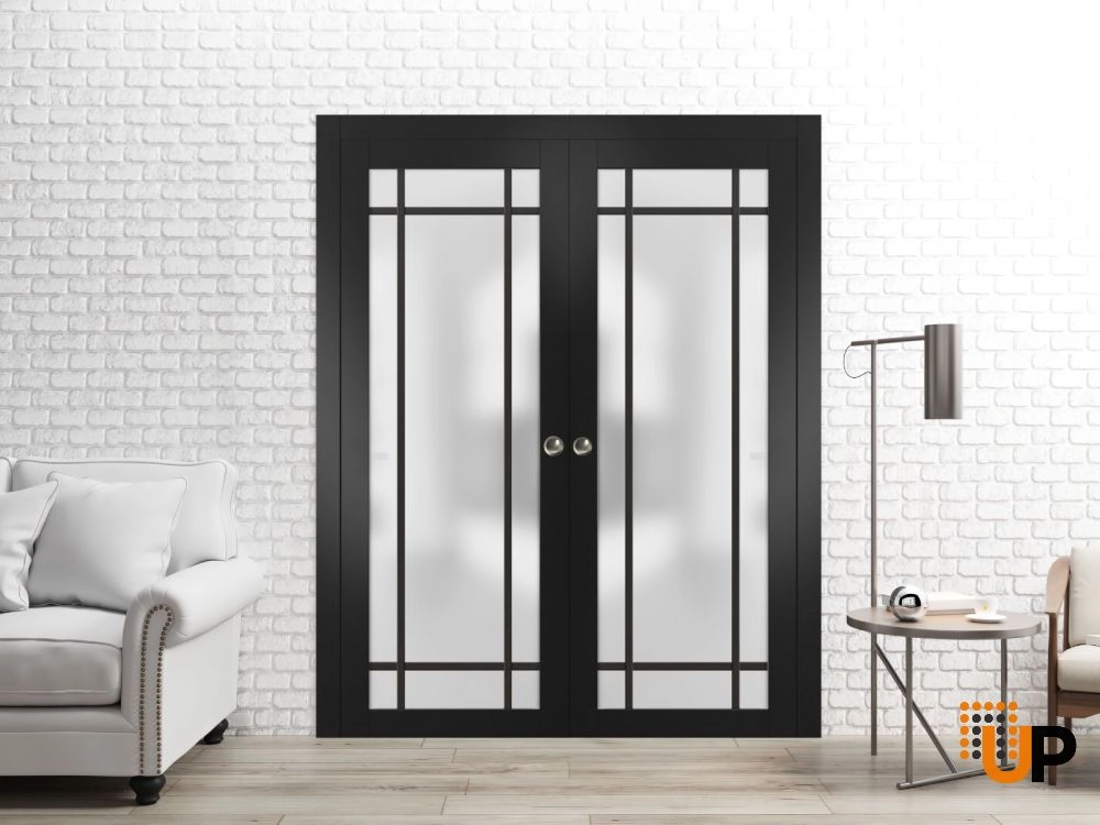 Single solid core luxury interior door slab with frosted glass | Planum 2112 Black Matte | 18 x 80 photo#3