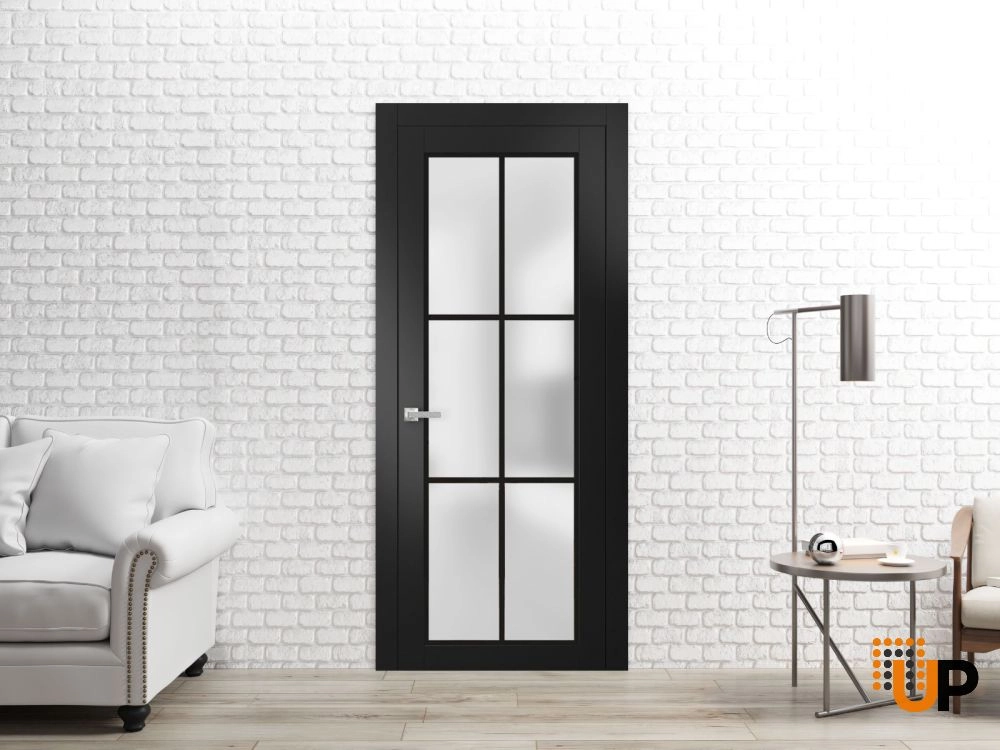 Single solid core luxury interior swing door with frosted glass | Planum 2122 Black Matte | 18 x 80 photo#2