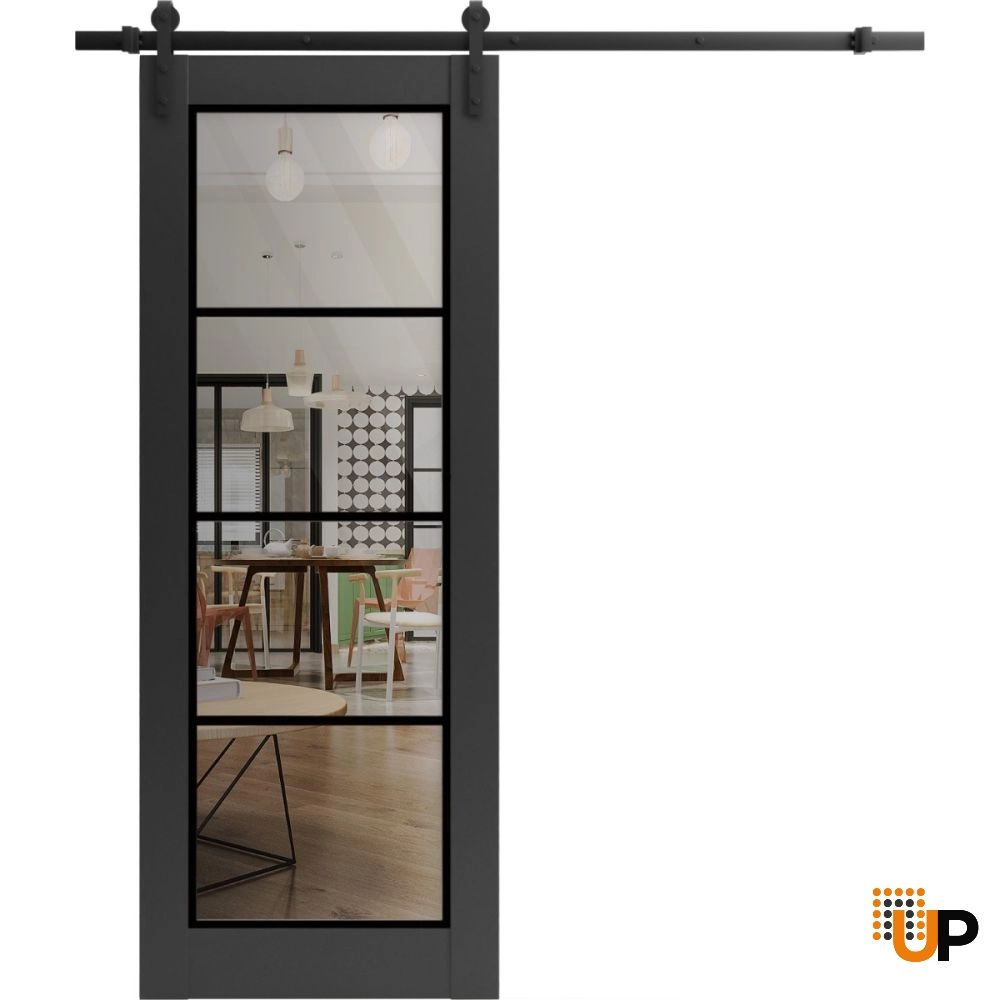 Single solid core sliding luxury interior barn door with clear glass | Lucia 2466 Black Matte | 18 x 80 photo#1