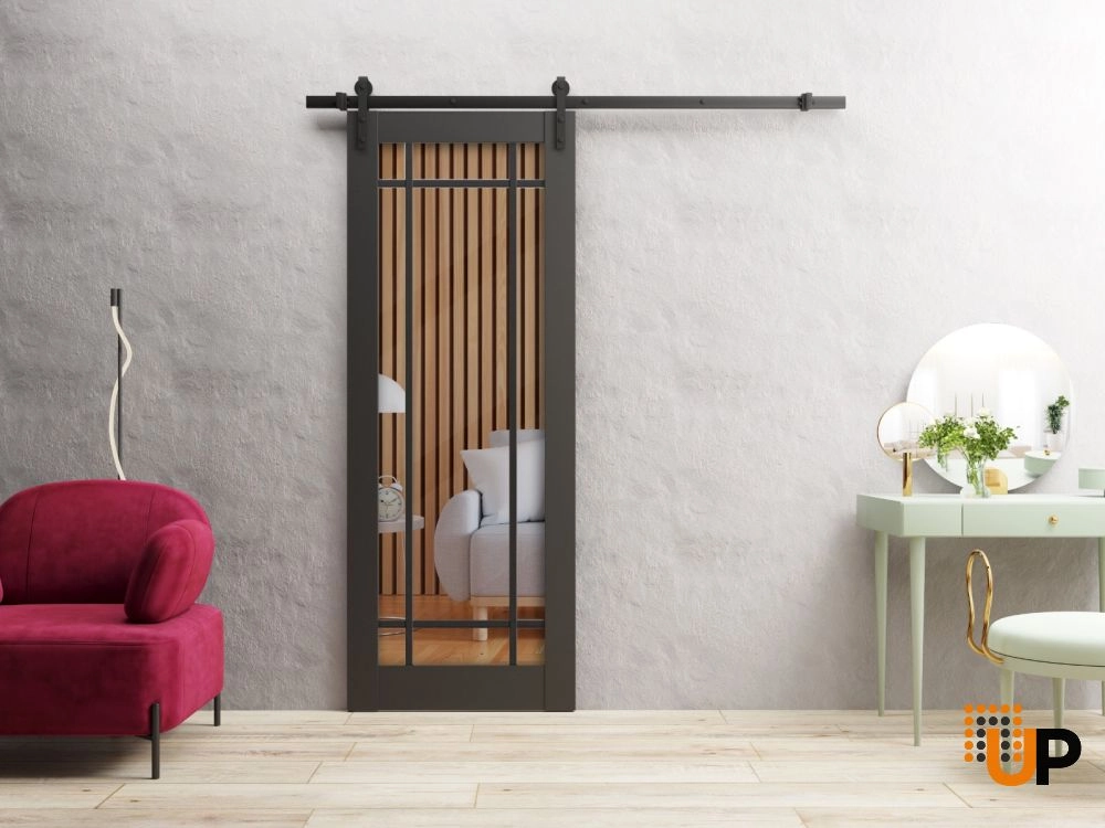 Single solid core sliding luxury interior barn door with clear glass | Lucia 2266 Black Matte | 18 x 80 photo#2