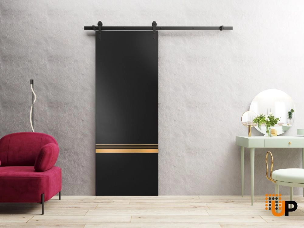 Single solid wood with honeycomb sliding modern interior barn door | Planum 2010 Black Matte | 18 x 80 photo#2