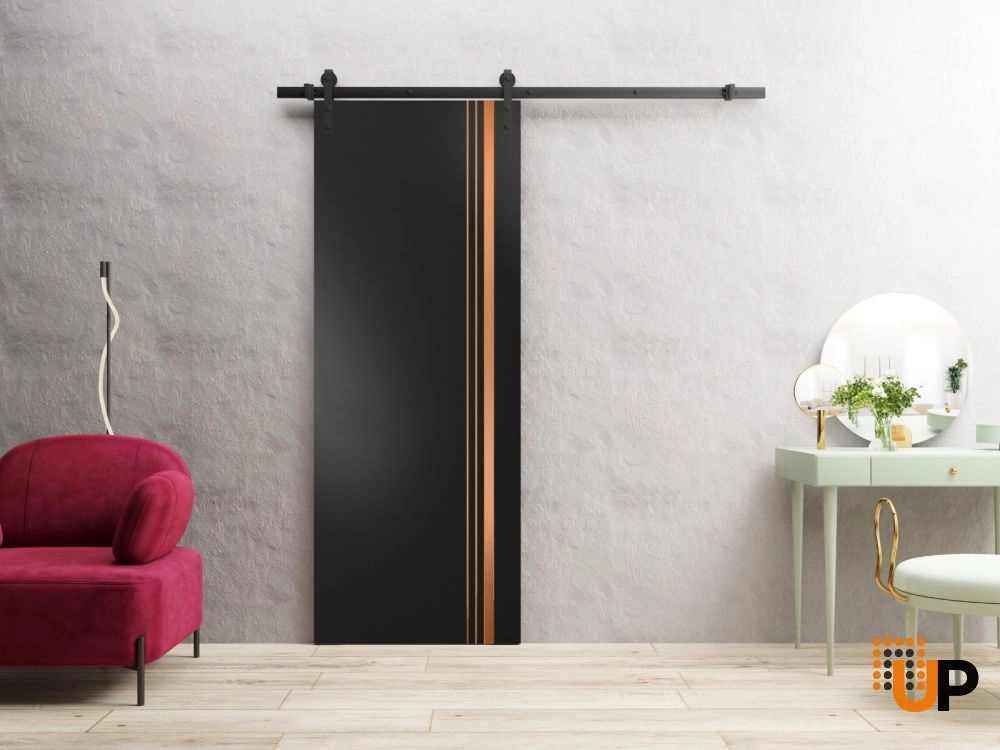 Single solid wood with honeycomb sliding modern interior barn door | Planum 1010 Black Matte | 18 x 80 photo#2