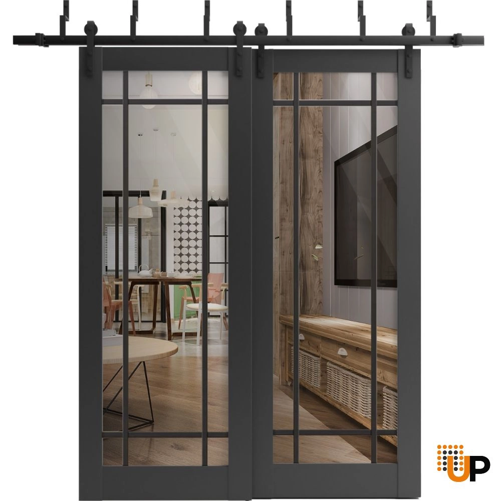 Double solid core sliding luxury interior barn bypass door with clear glass | Lucia 2266 Black Matte | 36 x 80 (2* 18x80) photo#1