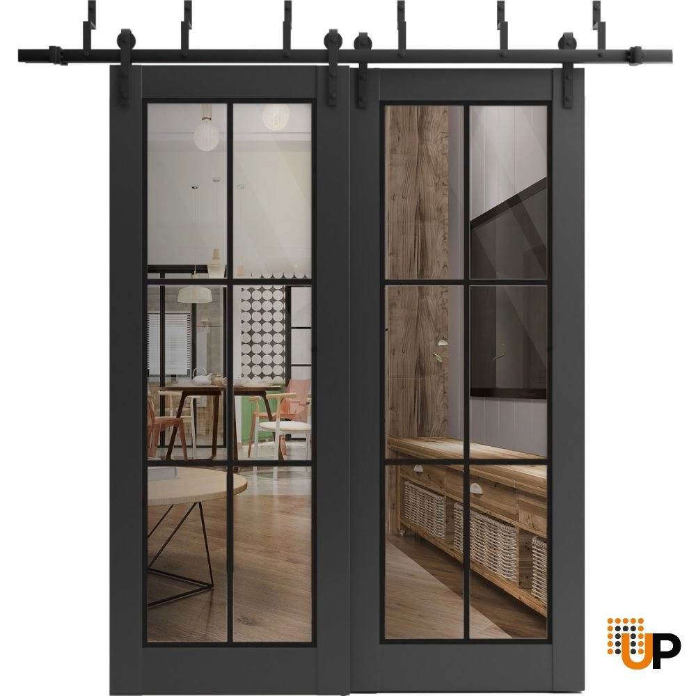 Double solid core sliding luxury interior barn bypass door with clear glass | Lucia 2366 Black Matte | 36 x 80 (2* 18x80) photo#1