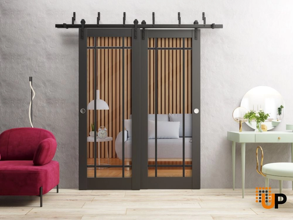 Double solid core sliding luxury interior barn bypass door with clear glass | Lucia 2266 Black Matte | 36 x 80 (2* 18x80) photo#2